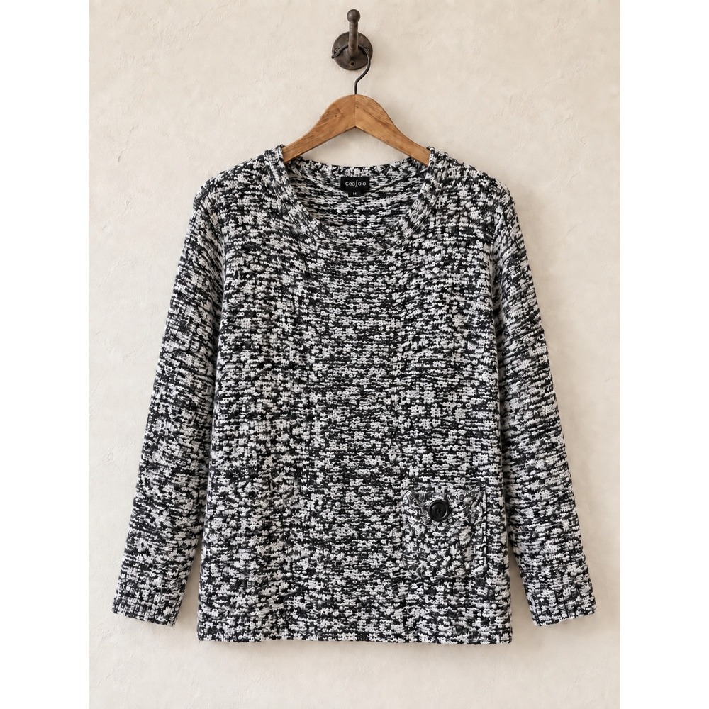 TooFan Sweater Marled Knit Button Pocket Pullover Black White XL